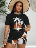 Plus Size Women Summer Beach Wireless Tankini Set With Palm Tree Printed Cover Up