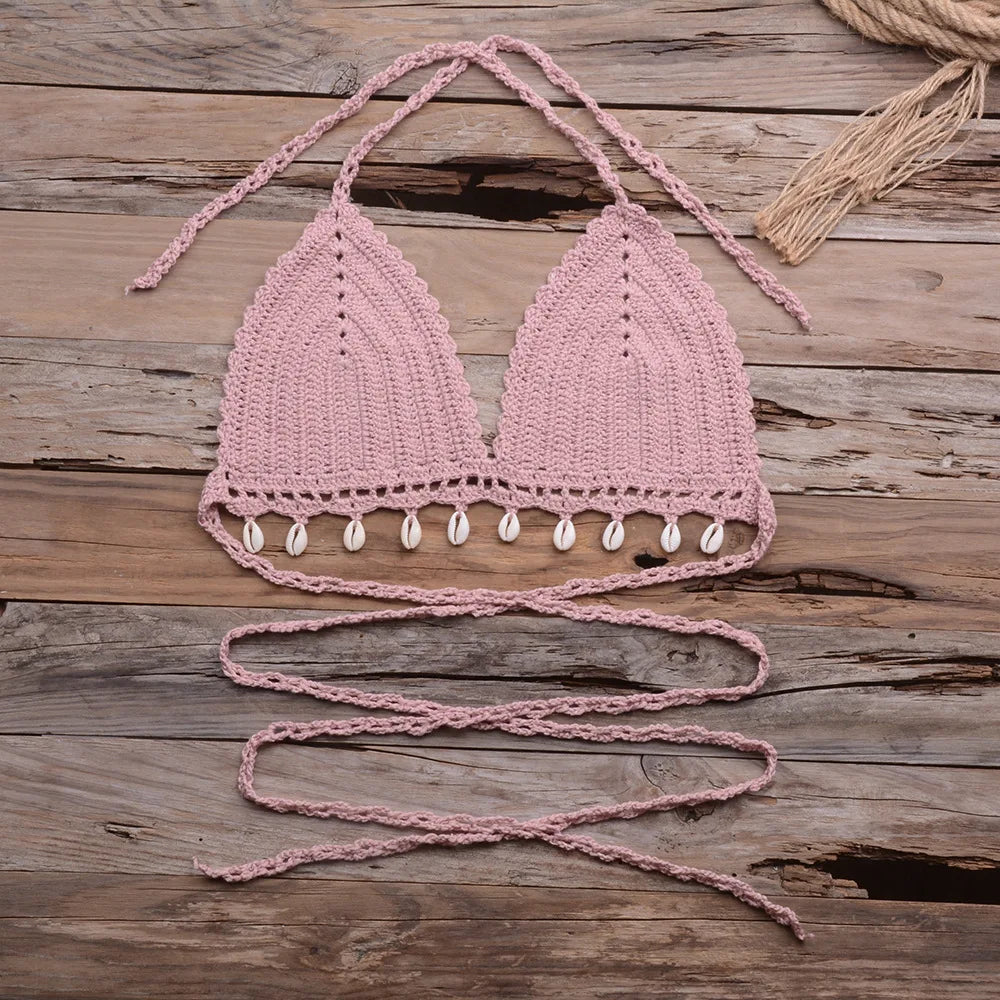 Beach Vacation Hollow Pure Hand-Woven Shell Bikini Swimsuit Tops Women Texture Knit Bikini