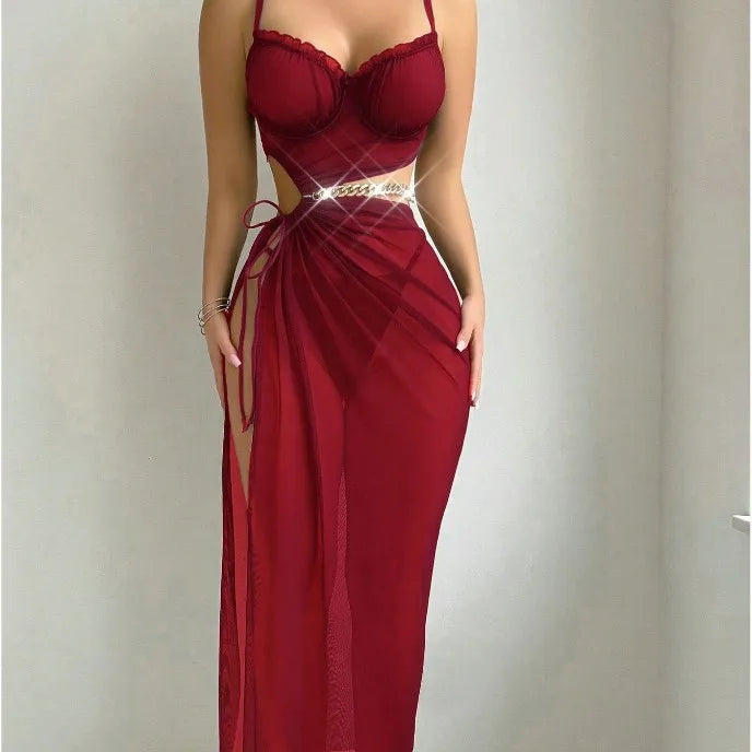 Straps See-through Breathable New Erotic Lingerie Sexy Mesh Bikini with Slit Long Dress Lingerie Set