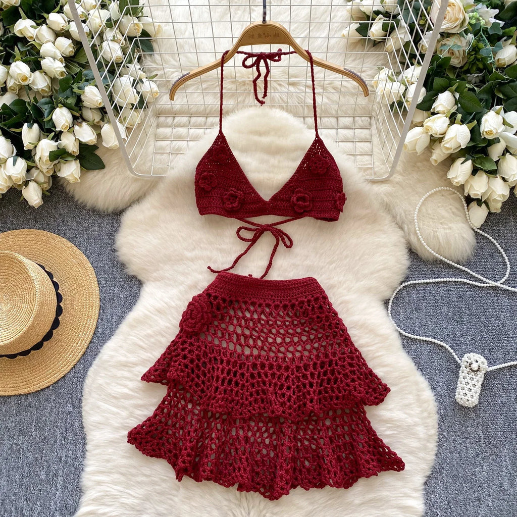 Solid Color Floral Knit Beach Bikini Women Summer Swimwear Bikini Set
