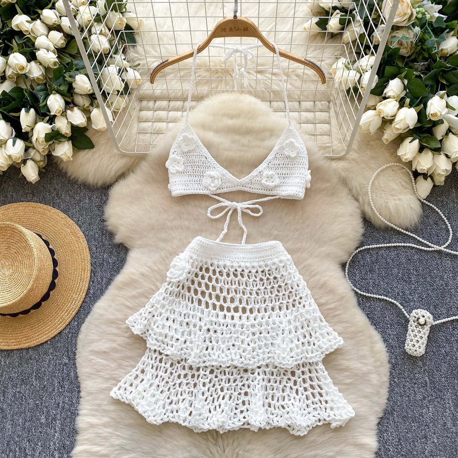 Solid Color Floral Knit Beach Bikini Women Summer Swimwear Bikini Set