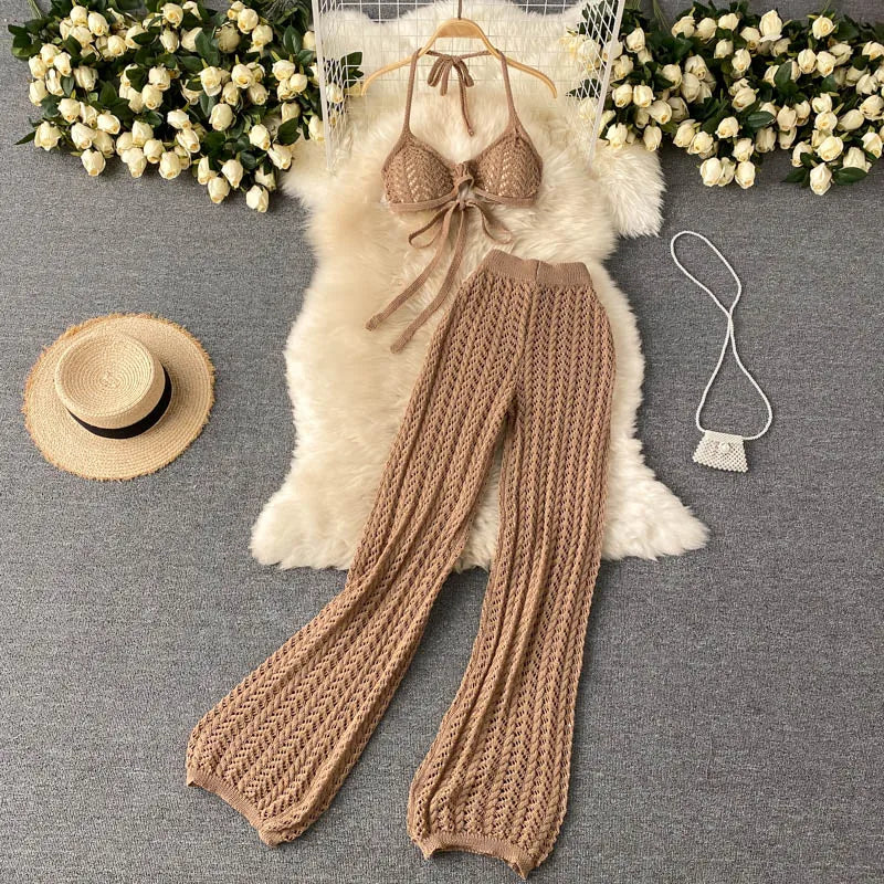 Wholesale 2026 Summer Seaside Holiday Suit Sexy Bikini Strap Halter Top Hollow Knitted Wide Leg Pants OL Style Women's Sets