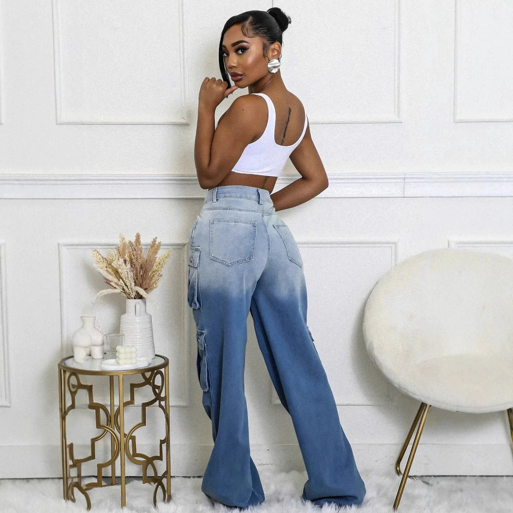 Cheap Y2K Women's High Waist Denim Cargo Pants - Streetwear Loose Straight Trousers with Multi-Pockets (Party/Club Casual)