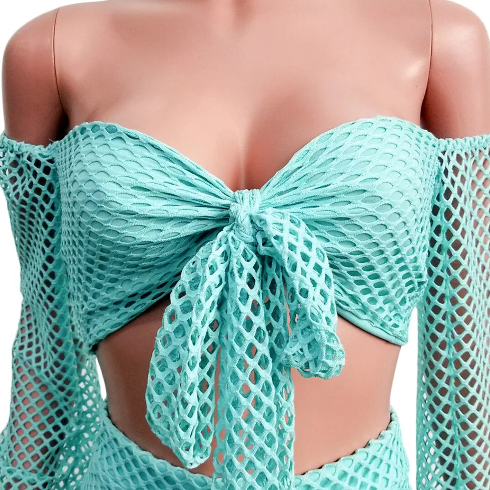 Women Neon Color Ruffled Collar Pattern Crochet Bikini Mesh Swimsuit 2 Piece Shorts Set Beachwear Sexy Eco-Friendly Breathable