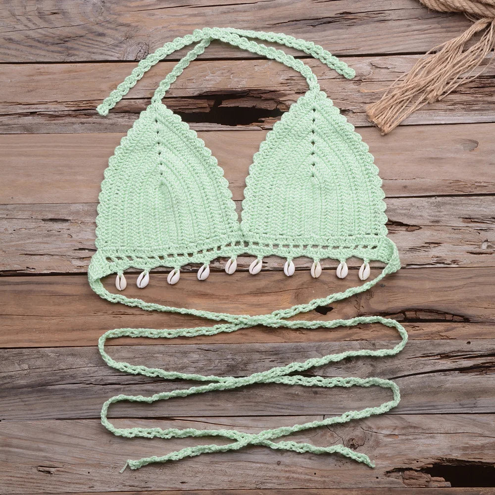 Beach Vacation Hollow Pure Hand-Woven Shell Bikini Swimsuit Tops Women Texture Knit Bikini