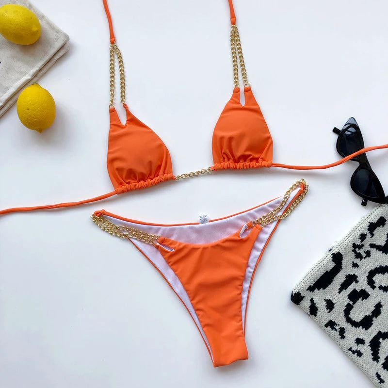 Sexy Mini Bikini Tie Dye Swimwear Women Metal Chain Patchwork Bathing suit Triangle Bikinis 2023 New Swimsuit Brazilian biquinis