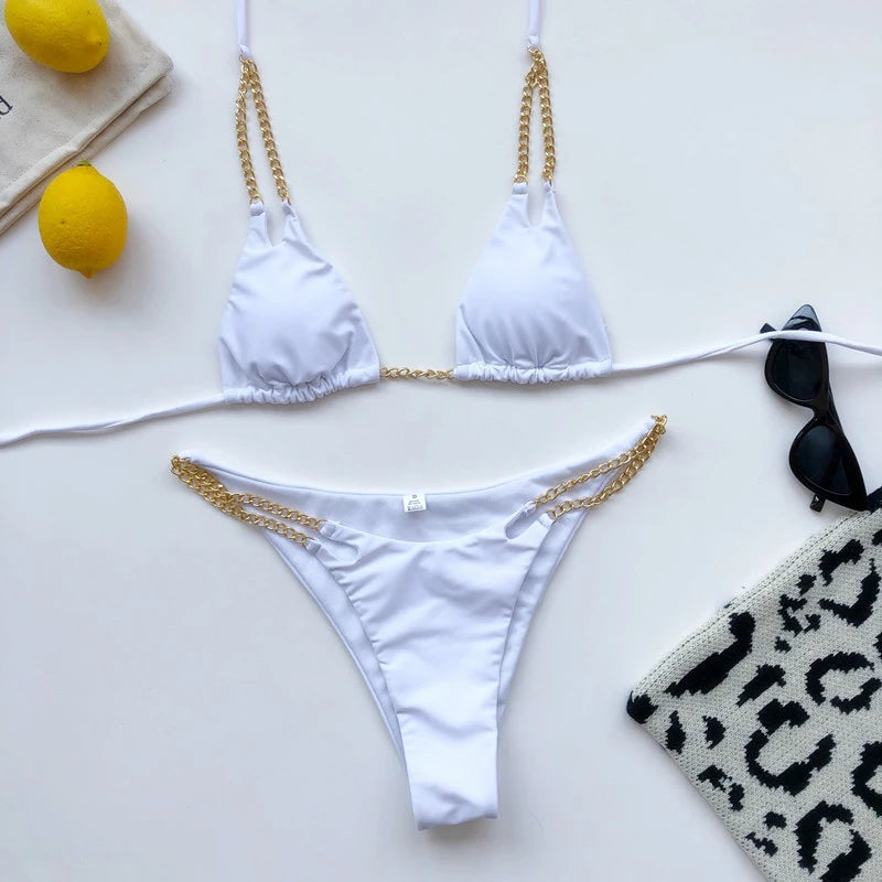 Sexy Mini Bikini Tie Dye Swimwear Women Metal Chain Patchwork Bathing suit Triangle Bikinis 2023 New Swimsuit Brazilian biquinis