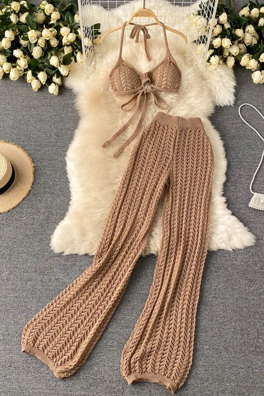 Wholesale 2026 Summer Seaside Holiday Suit Sexy Bikini Strap Halter Top Hollow Knitted Wide Leg Pants OL Style Women's Sets