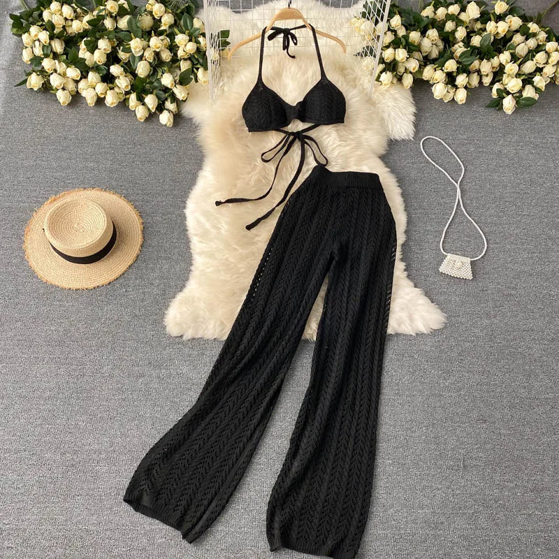 Wholesale 2026 Summer Seaside Holiday Suit Sexy Bikini Strap Halter Top Hollow Knitted Wide Leg Pants OL Style Women's Sets