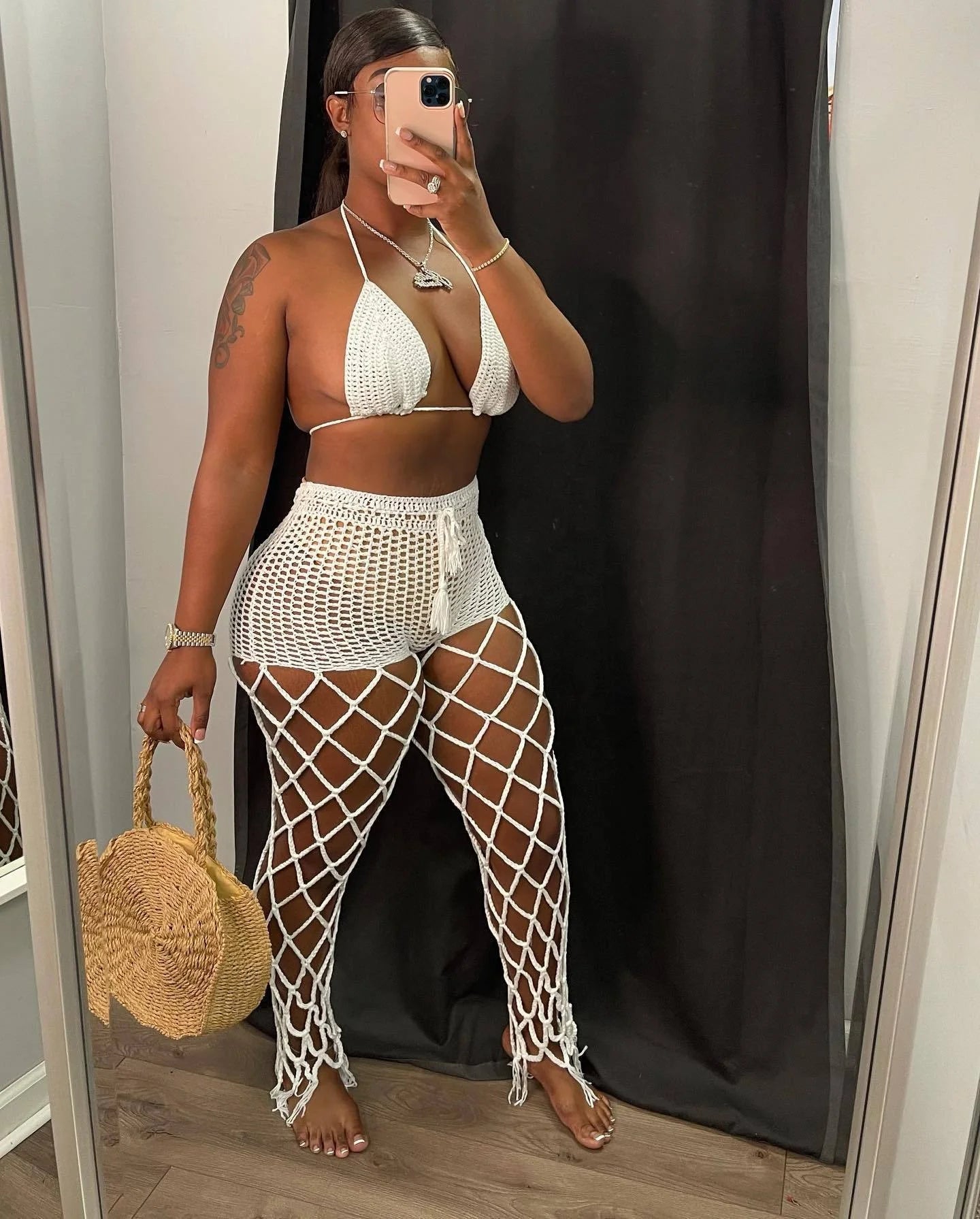 Hot Sale Crochet Fishnet Bikini Set Hollow Out Sexy 2 Piece Set Women Sexy Lace up Bra Knitted Pants Beach Two Piece Set