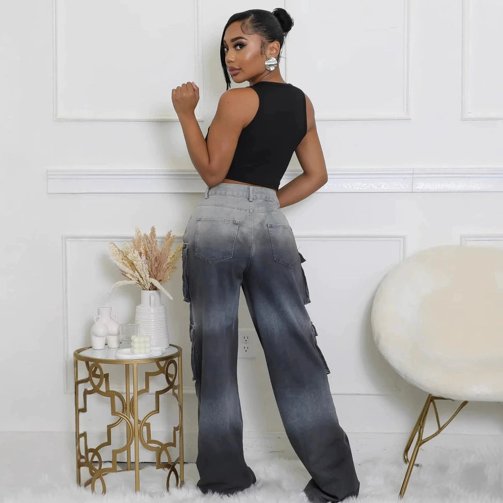 Cheap Y2K Women's High Waist Denim Cargo Pants - Streetwear Loose Straight Trousers with Multi-Pockets (Party/Club Casual)