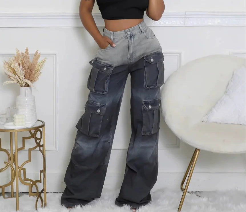 Cheap Y2K Women's High Waist Denim Cargo Pants - Streetwear Loose Straight Trousers with Multi-Pockets (Party/Club Casual)