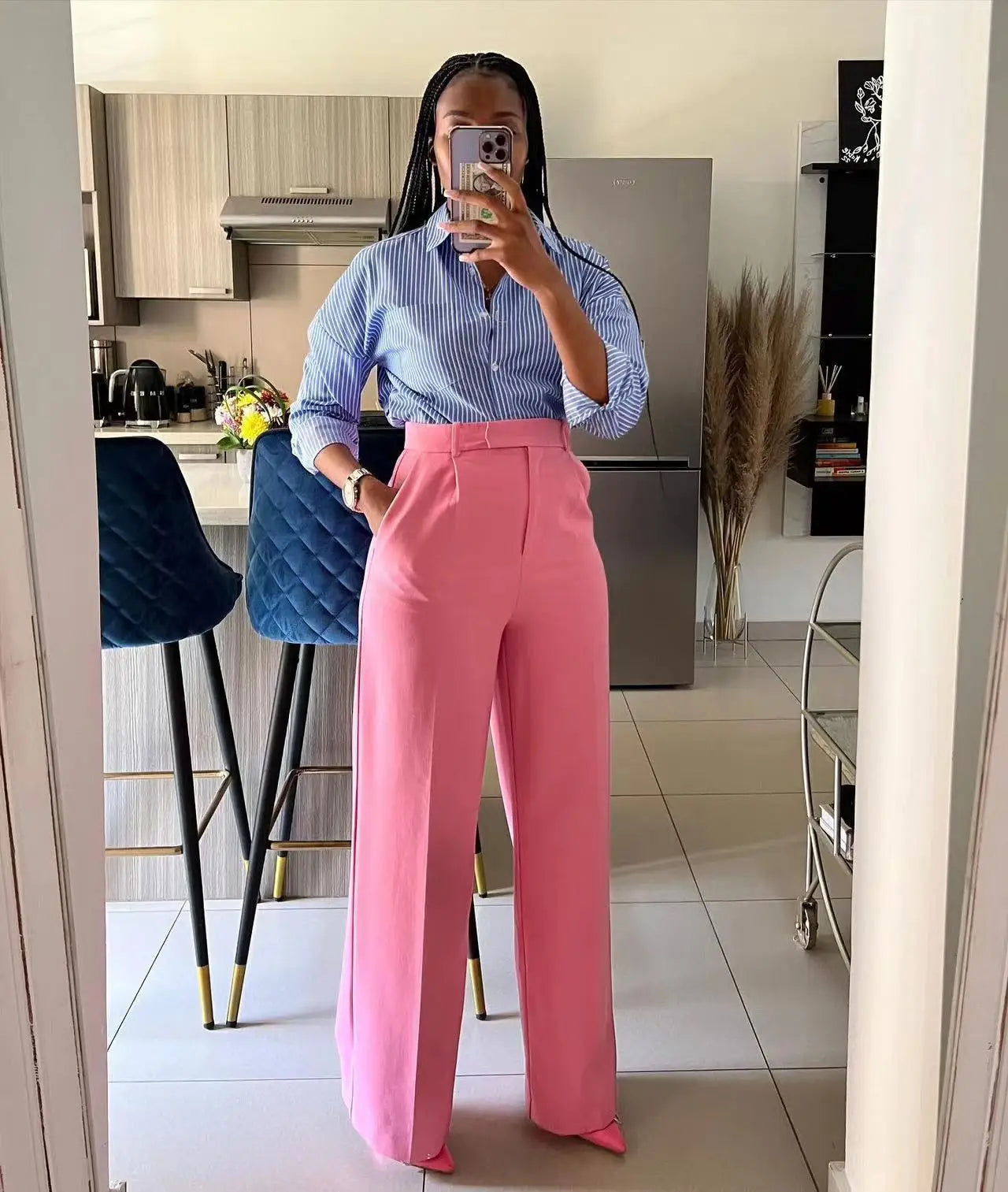 Wholesale High Waist Zipper Side Long Straight Legs Pants