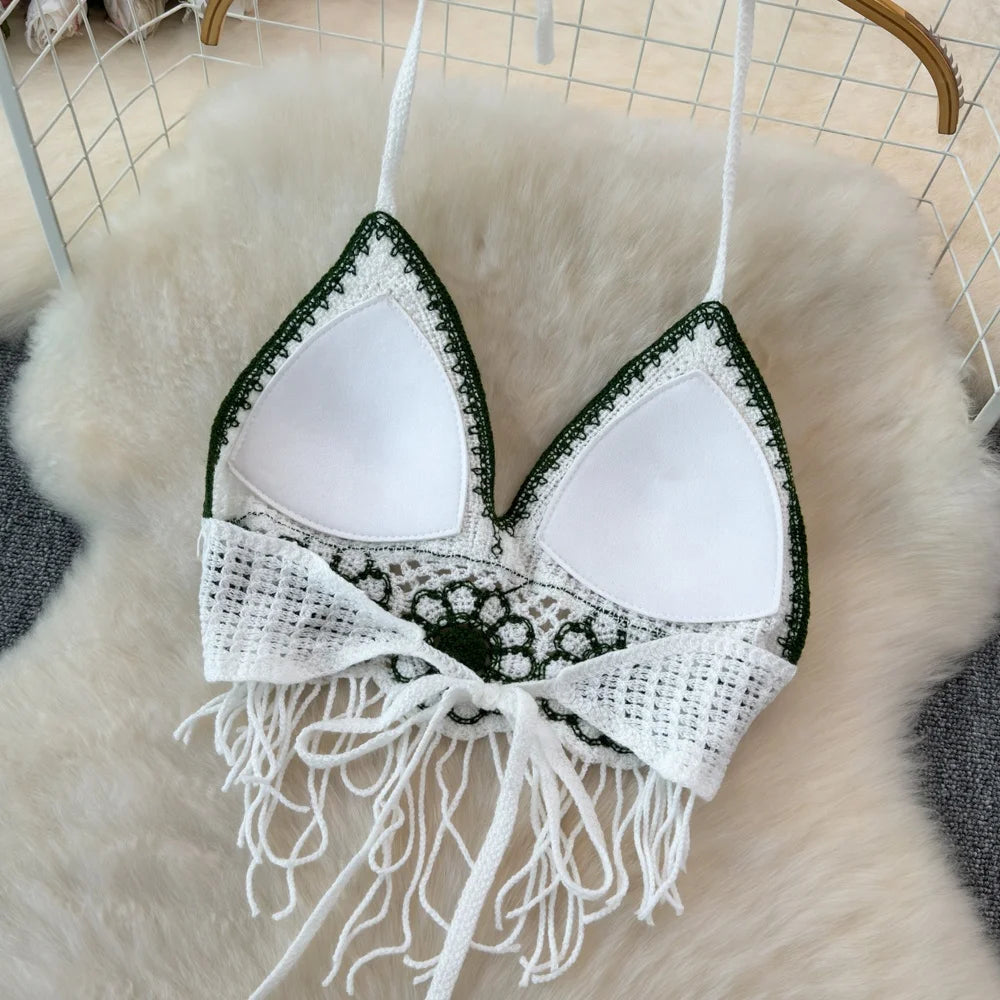 Wholesale New Design Women Crochet Beach Crop Top Sexy Knitting Hollow Bra Bikini Sets