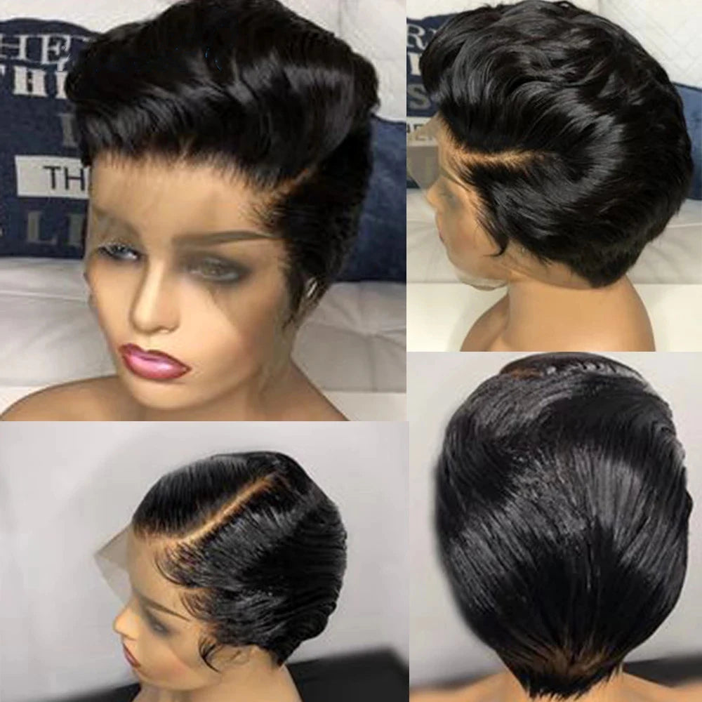 Short Pixie Cut Wig Human Hair 12A Lace Front Human Hair Wigs for Women Natural Black Bob Straight Lace Wigs for Women 8-10"