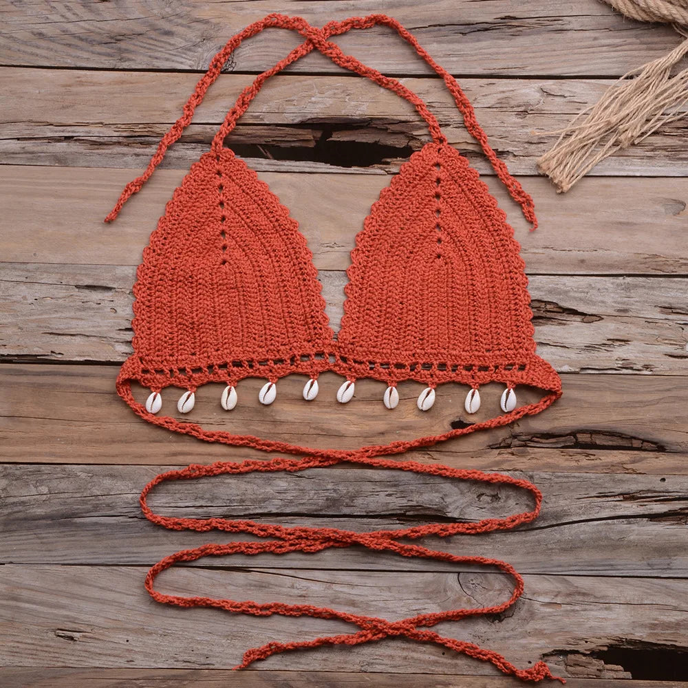 Beach Vacation Hollow Pure Hand-Woven Shell Bikini Swimsuit Tops Women Texture Knit Bikini