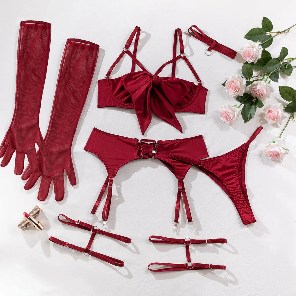 Women Sexy Lingerie Set 3PC Big Bow Tie Hollow Bra T-back Bikini Leg Ring Set Nightdress Underwear Temptation Sleepwear  1370