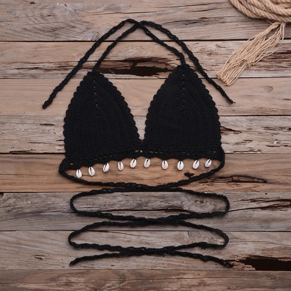 Beach Vacation Hollow Pure Hand-Woven Shell Bikini Swimsuit Tops Women Texture Knit Bikini