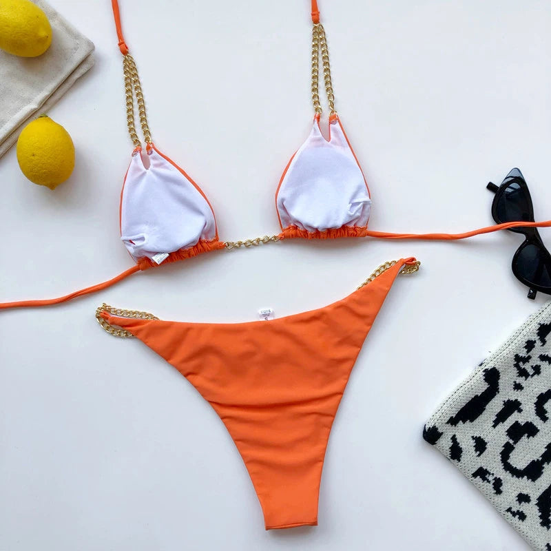 Sexy Mini Bikini Tie Dye Swimwear Women Metal Chain Patchwork Bathing suit Triangle Bikinis 2023 New Swimsuit Brazilian biquinis