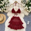 Solid Color Floral Knit Beach Bikini Women Summer Swimwear Bikini Set