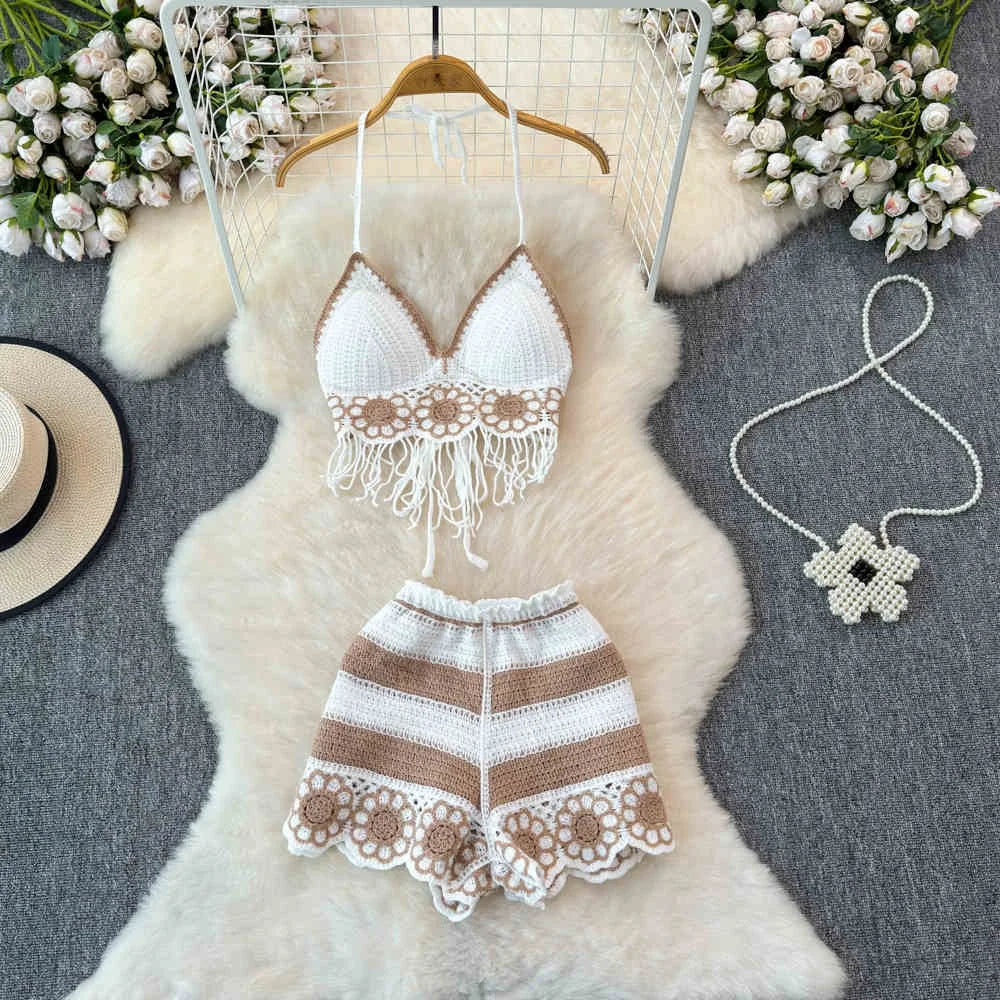 Wholesale New Design Women Crochet Beach Crop Top Sexy Knitting Hollow Bra Bikini Sets