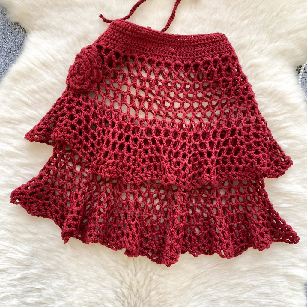 Solid Color Floral Knit Beach Bikini Women Summer Swimwear Bikini Set