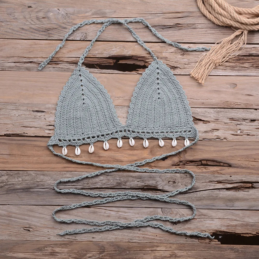 Beach Vacation Hollow Pure Hand-Woven Shell Bikini Swimsuit Tops Women Texture Knit Bikini