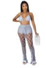 Hot Sale Crochet Fishnet Bikini Set Hollow Out Sexy 2 Piece Set Women Sexy Lace up Bra Knitted Pants Beach Two Piece Set