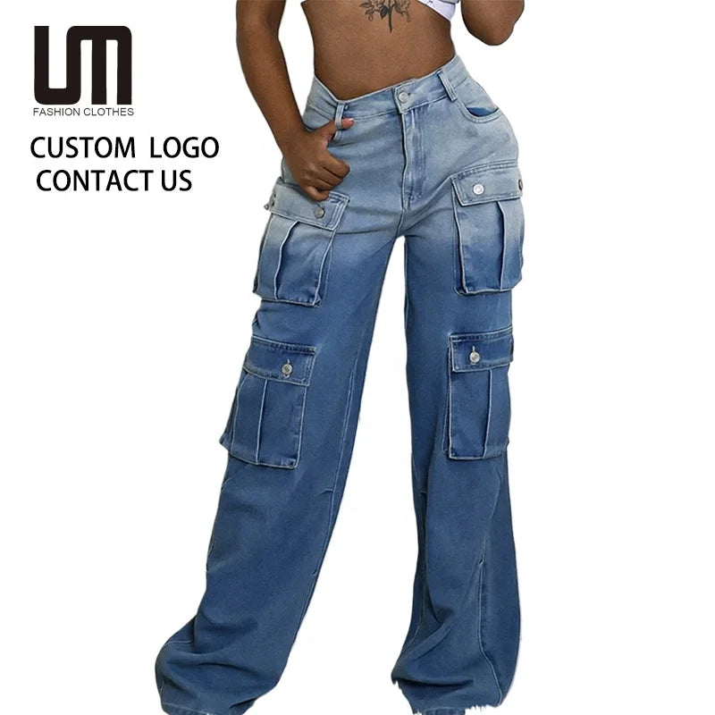 Cheap Y2K Women's High Waist Denim Cargo Pants - Streetwear Loose Straight Trousers with Multi-Pockets (Party/Club Casual)