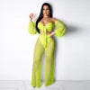 Women Neon Color Ruffled Collar Pattern Crochet Bikini Mesh Swimsuit 2 Piece Shorts Set Beachwear Sexy Eco-Friendly Breathable