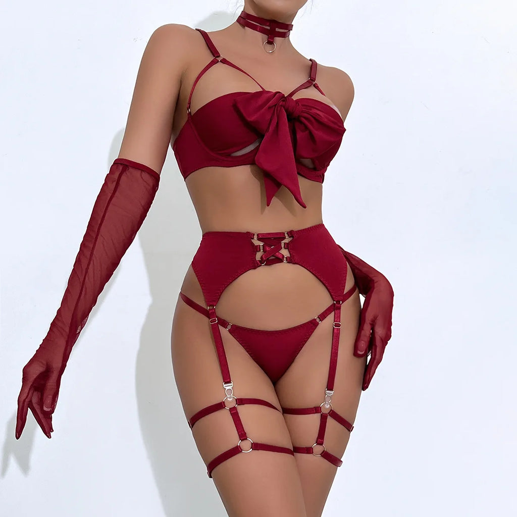 Women Sexy Lingerie Set 3PC Big Bow Tie Hollow Bra T-back Bikini Leg Ring Set Nightdress Underwear Temptation Sleepwear  1370