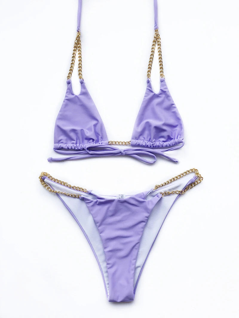 Sexy Mini Bikini Tie Dye Swimwear Women Metal Chain Patchwork Bathing suit Triangle Bikinis 2023 New Swimsuit Brazilian biquinis
