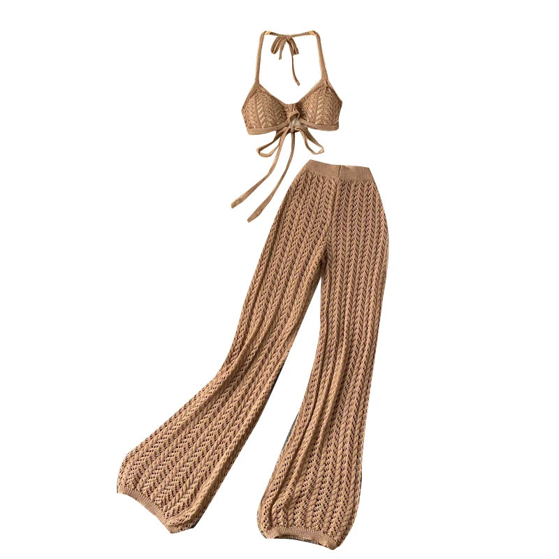 Wholesale 2026 Summer Seaside Holiday Suit Sexy Bikini Strap Halter Top Hollow Knitted Wide Leg Pants OL Style Women's Sets