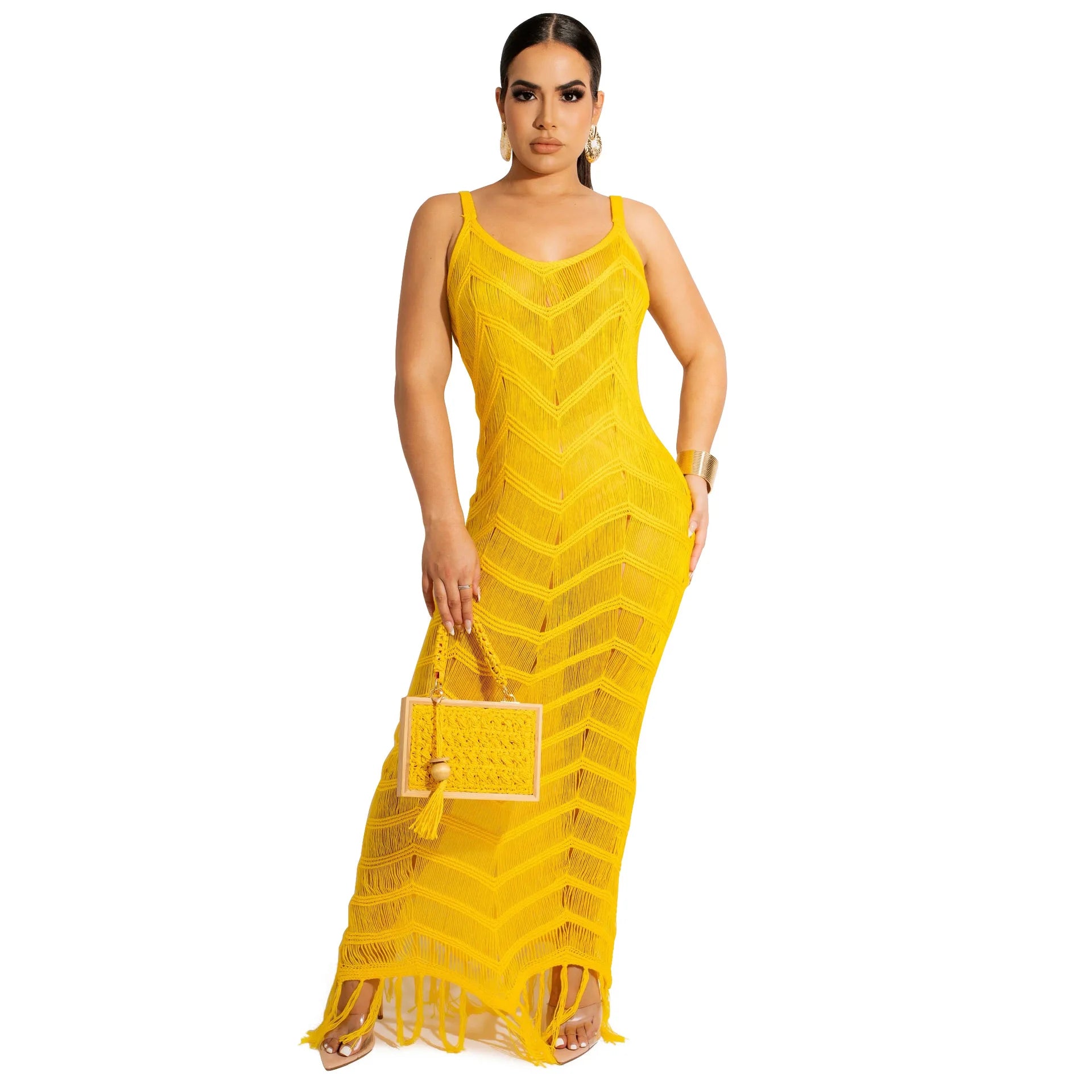 Latest Design Summer Beach Wears Strap Knitted Bikini Swimwear Crochet Tassel Bikinis & Beachwear Sexy Maxi Beach Dress