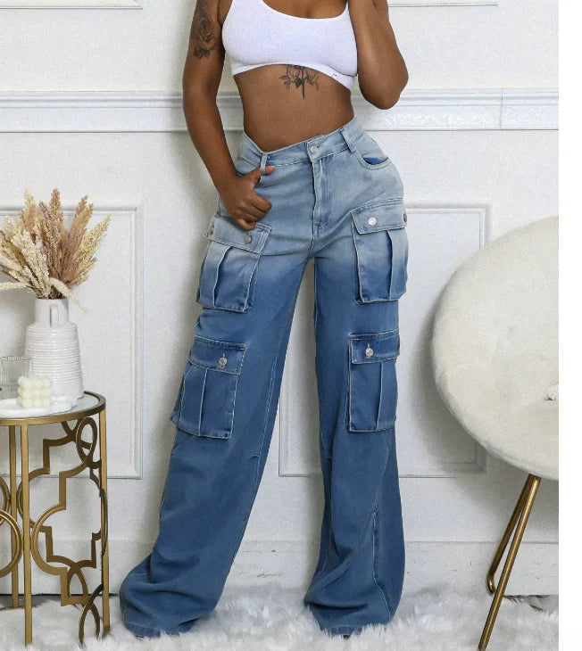 Cheap Y2K Women's High Waist Denim Cargo Pants - Streetwear Loose Straight Trousers with Multi-Pockets (Party/Club Casual)