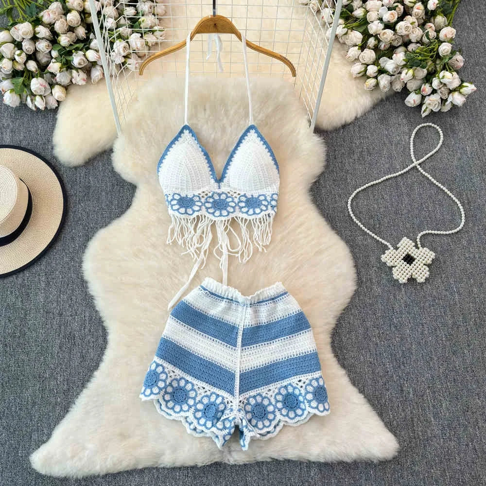 Wholesale New Design Women Crochet Beach Crop Top Sexy Knitting Hollow Bra Bikini Sets