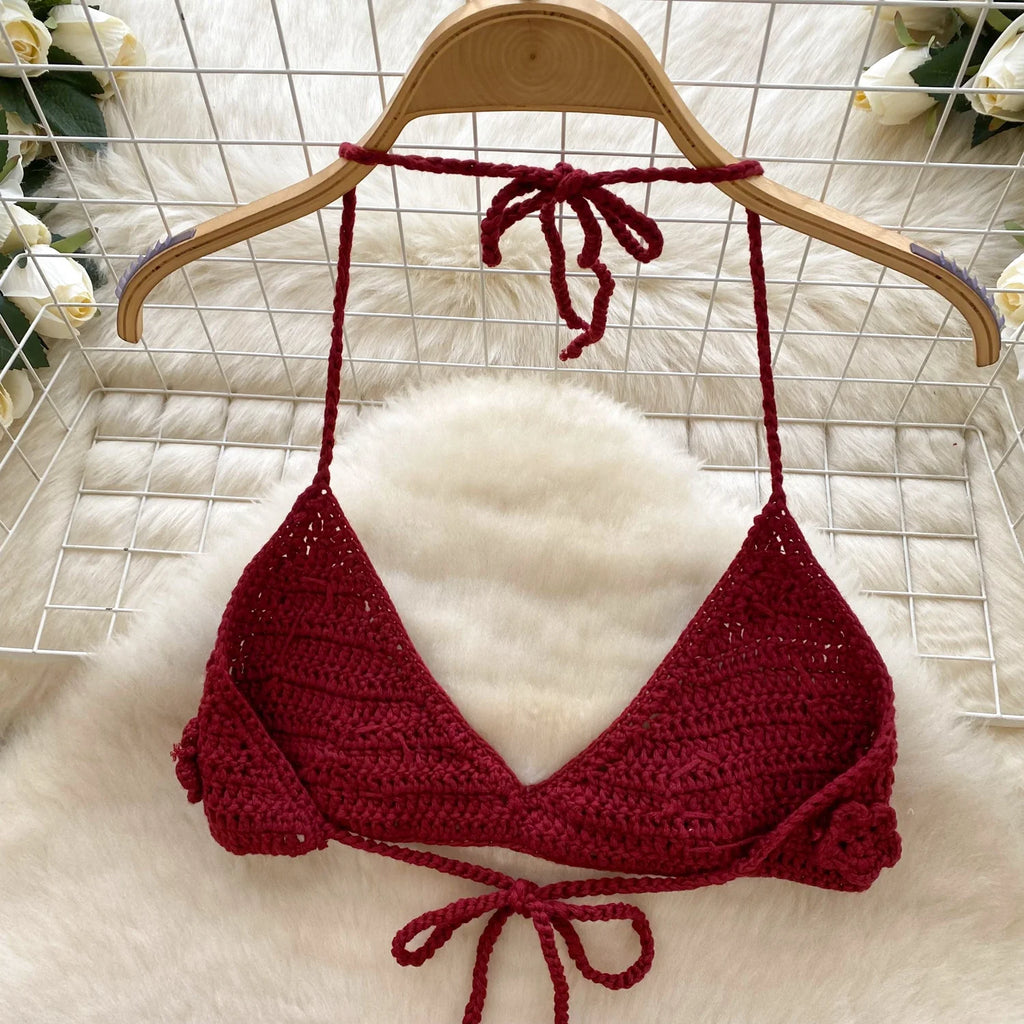 Solid Color Floral Knit Beach Bikini Women Summer Swimwear Bikini Set
