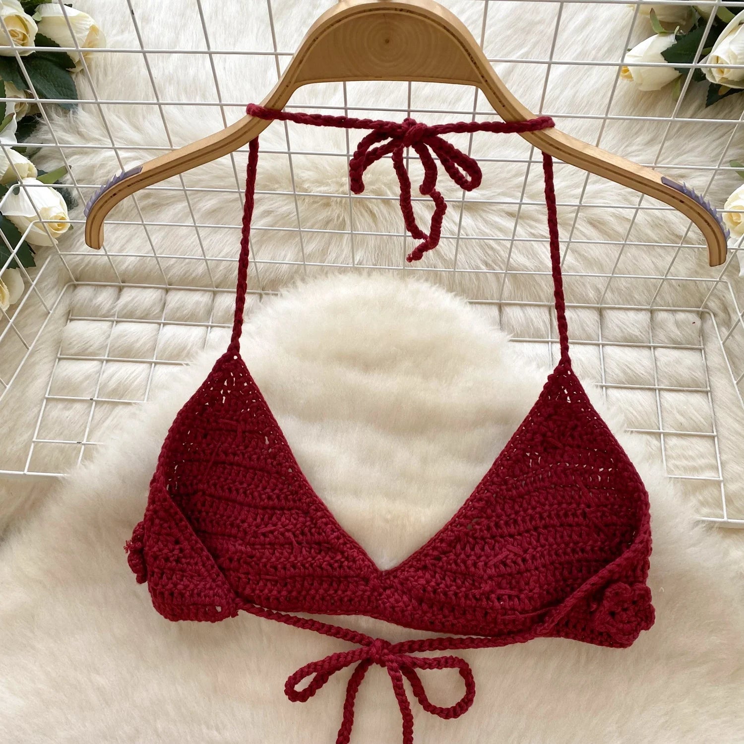 Solid Color Floral Knit Beach Bikini Women Summer Swimwear Bikini Set