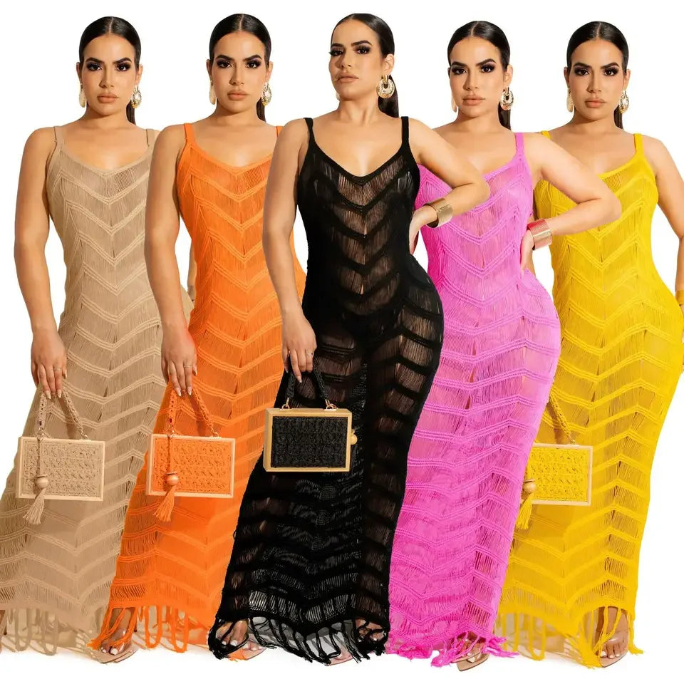 Latest Design Summer Beach Wears Strap Knitted Bikini Swimwear Crochet Tassel Bikinis & Beachwear Sexy Maxi Beach Dress