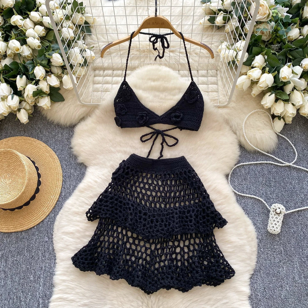Solid Color Floral Knit Beach Bikini Women Summer Swimwear Bikini Set
