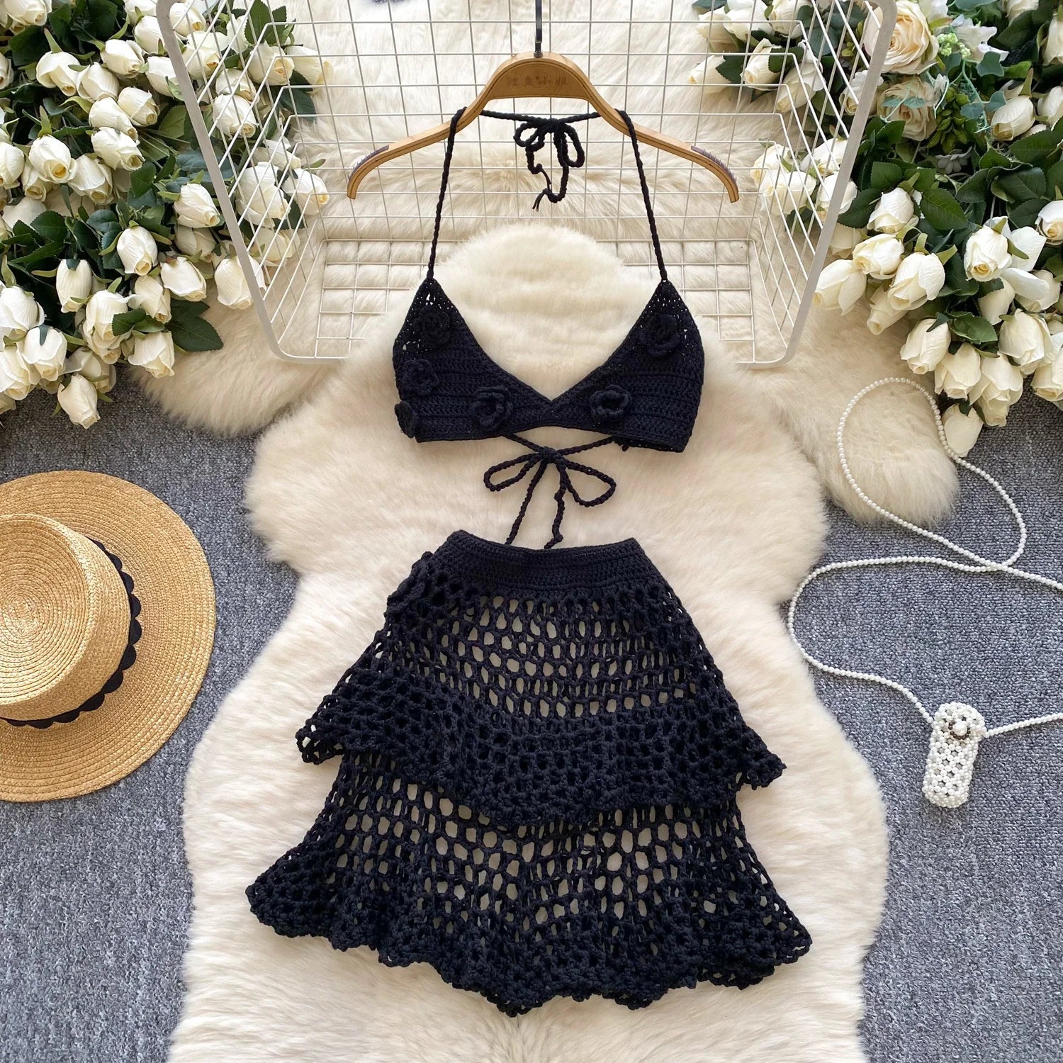 Solid Color Floral Knit Beach Bikini Women Summer Swimwear Bikini Set