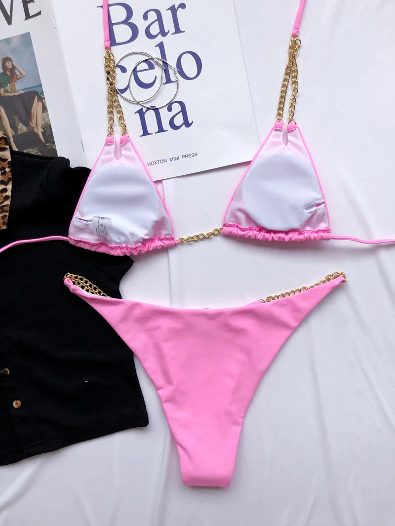 Sexy Mini Bikini Tie Dye Swimwear Women Metal Chain Patchwork Bathing suit Triangle Bikinis 2023 New Swimsuit Brazilian biquinis