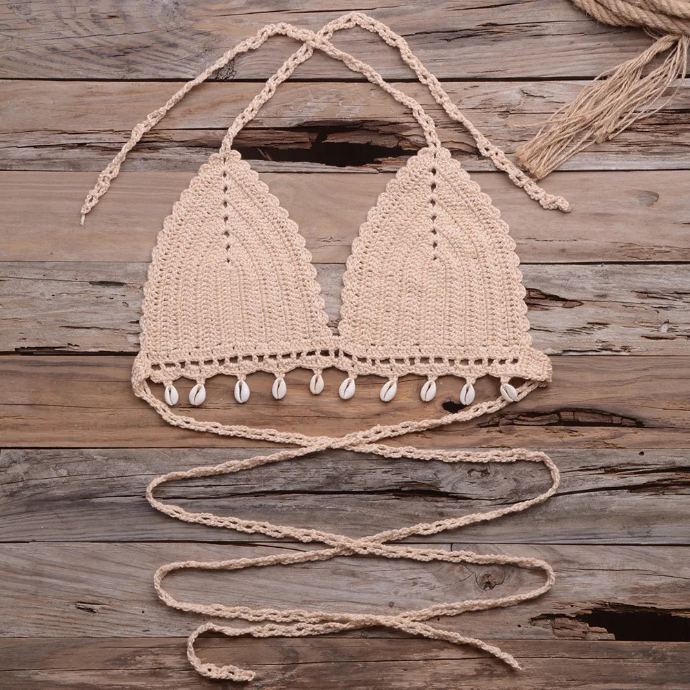 Beach Vacation Hollow Pure Hand-Woven Shell Bikini Swimsuit Tops Women Texture Knit Bikini