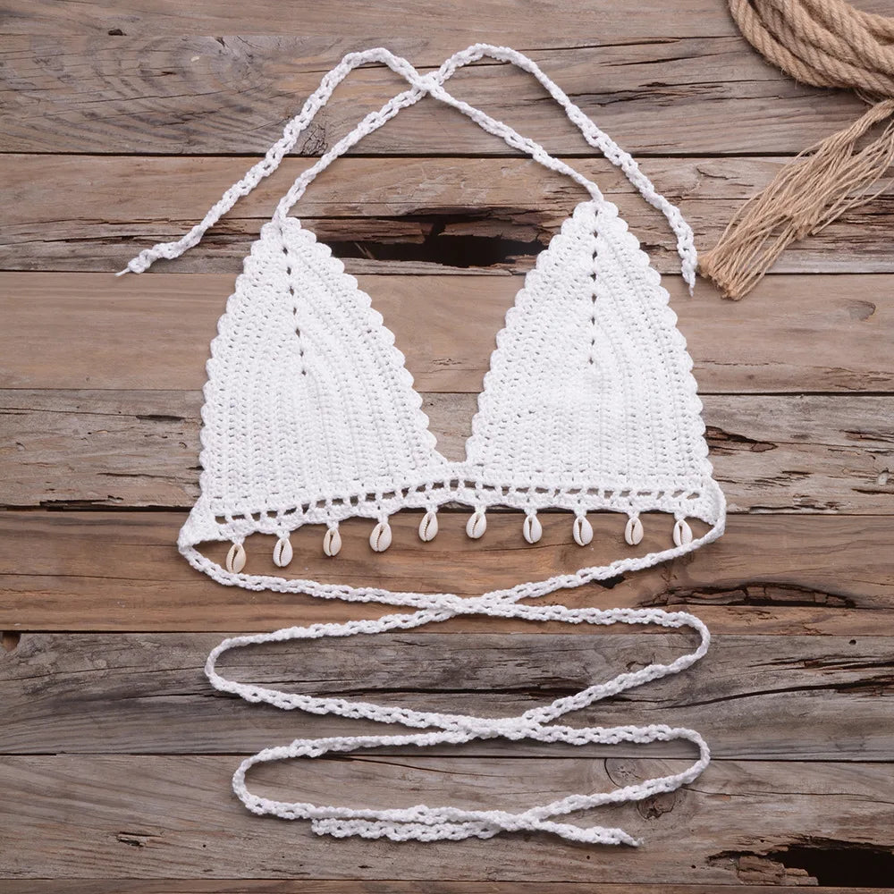 Beach Vacation Hollow Pure Hand-Woven Shell Bikini Swimsuit Tops Women Texture Knit Bikini