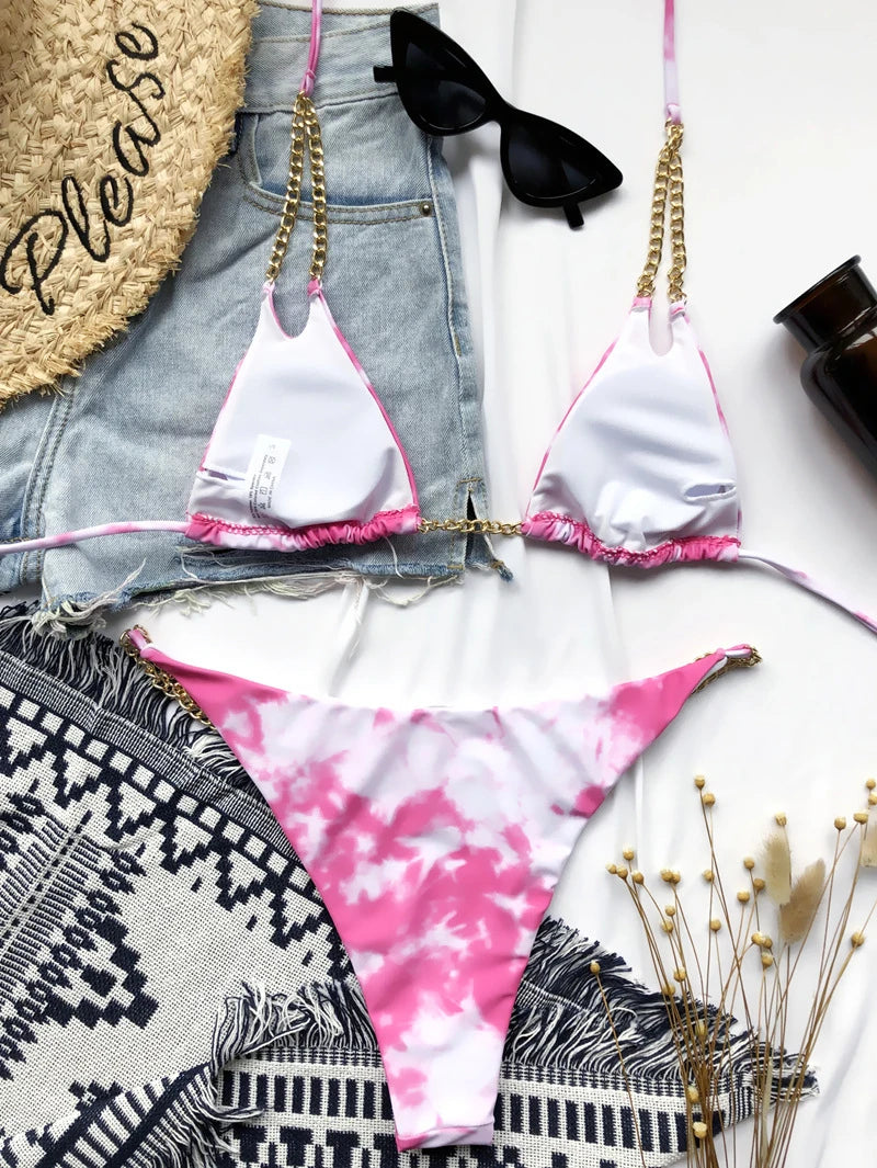 Sexy Mini Bikini Tie Dye Swimwear Women Metal Chain Patchwork Bathing suit Triangle Bikinis 2023 New Swimsuit Brazilian biquinis