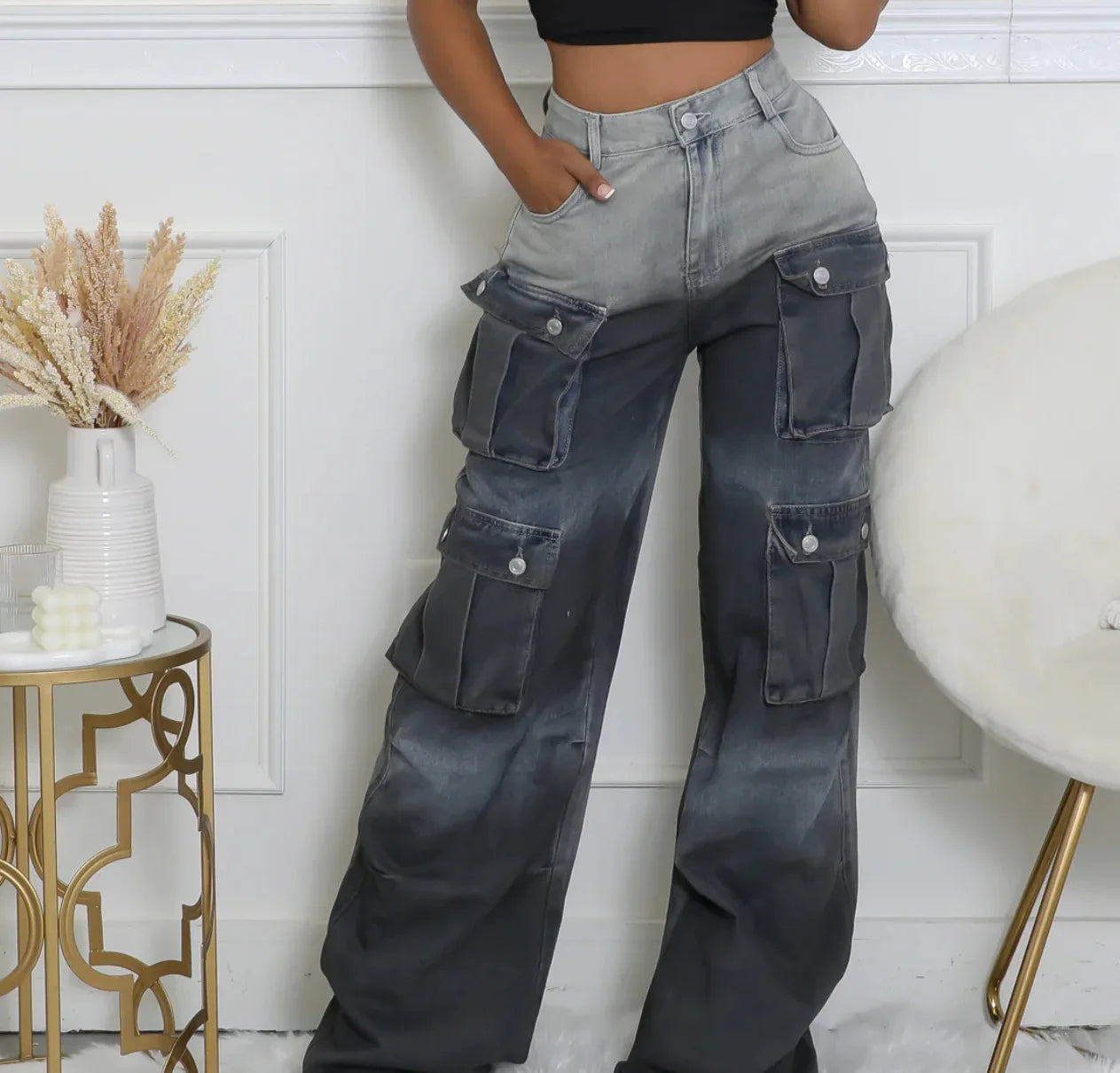 Cheap Y2K Women's High Waist Denim Cargo Pants - Streetwear Loose Straight Trousers with Multi-Pockets (Party/Club Casual)