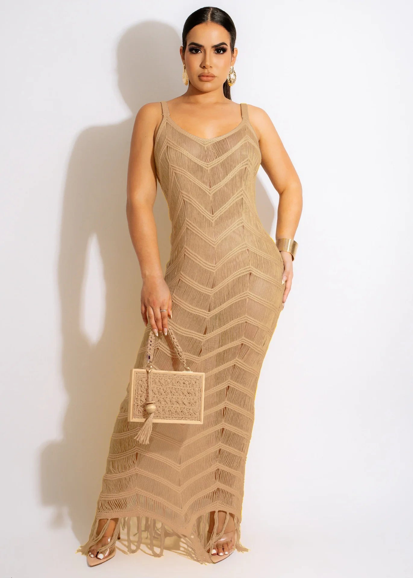 Latest Design Summer Beach Wears Strap Knitted Bikini Swimwear Crochet Tassel Bikinis & Beachwear Sexy Maxi Beach Dress