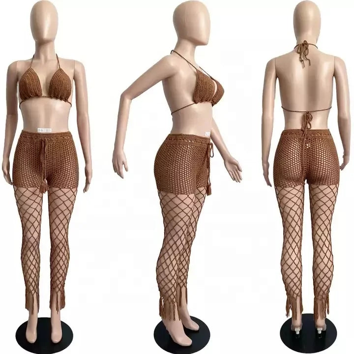 Hot Sale Crochet Fishnet Bikini Set Hollow Out Sexy 2 Piece Set Women Sexy Lace up Bra Knitted Pants Beach Two Piece Set
