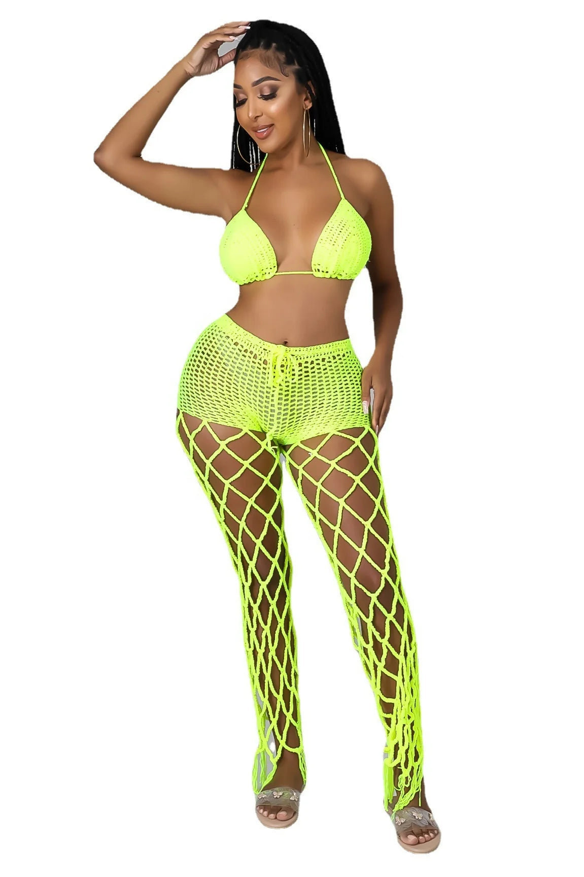Hot Sale Crochet Fishnet Bikini Set Hollow Out Sexy 2 Piece Set Women Sexy Lace up Bra Knitted Pants Beach Two Piece Set