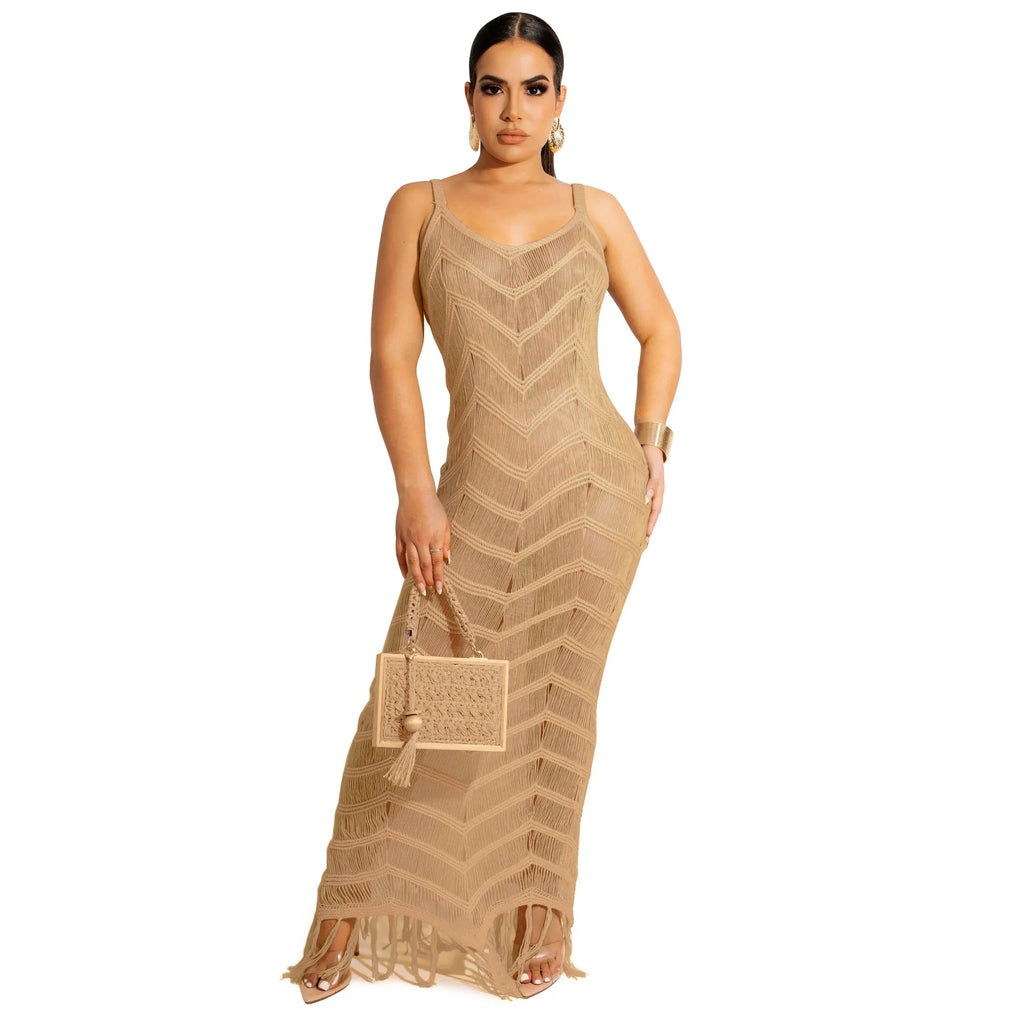 Latest Design Summer Beach Wears Strap Knitted Bikini Swimwear Crochet Tassel Bikinis & Beachwear Sexy Maxi Beach Dress